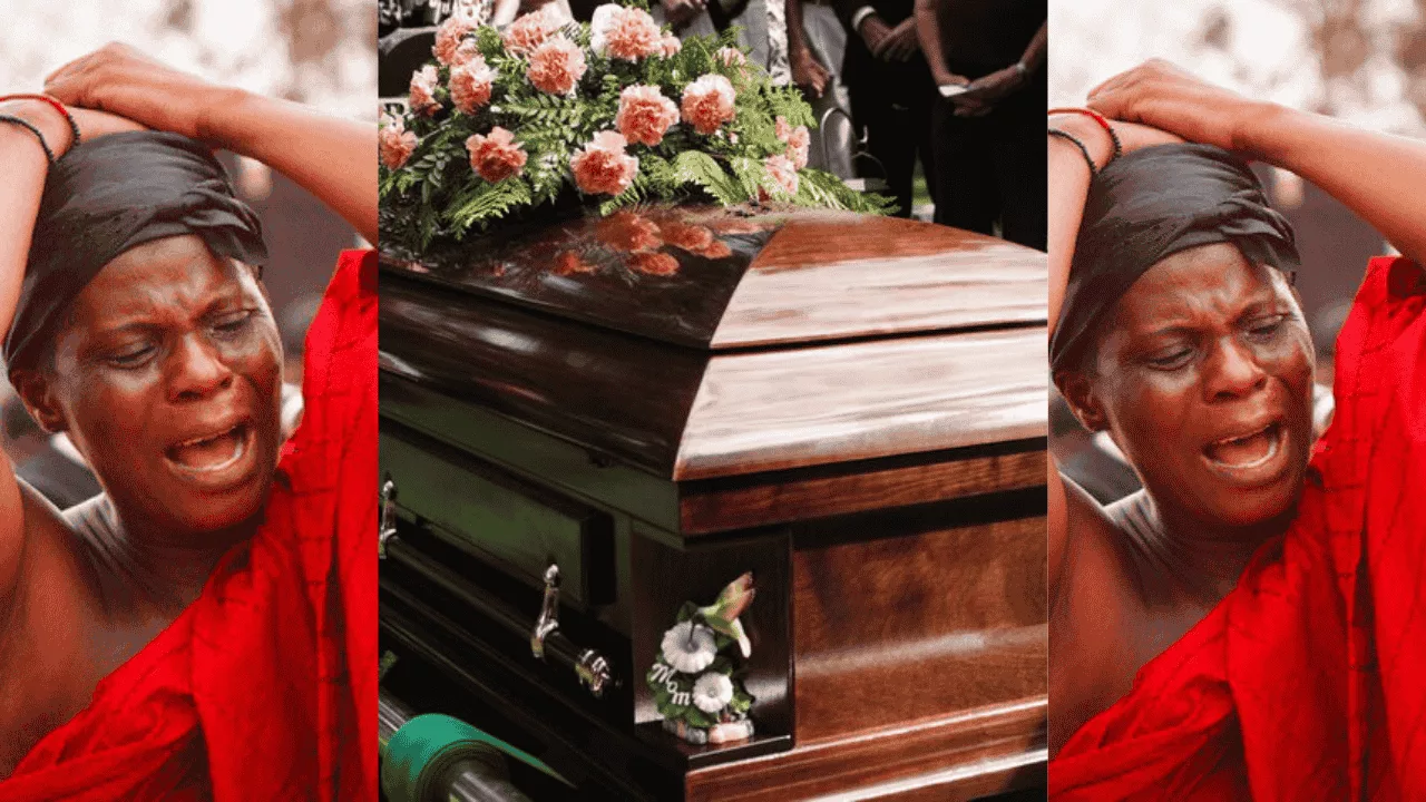 Woman crying and casket