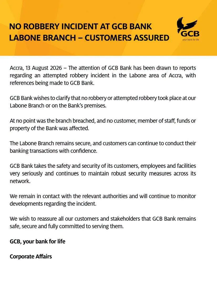 No robbery attack took place at GCB- GCB says